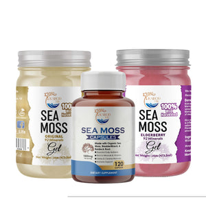 100% Wild Harvested Gold Sea Moss Gel, Sea Moss 102 Mineral Capsules,& Elderberry Sea Moss Gel Trio Pack